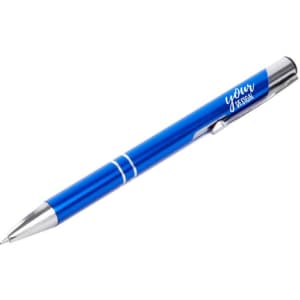 A blue metal click ballpoint pen with silver accents and a branding area. Suitable for promotional use.