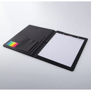 A black PU leather A4 portfolio featuring a notepad, card slots, and colourful sticky notes.
