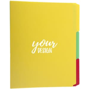 A colourful plastic file folder in yellow, with tabs in green and red, featuring a logo on the front.
