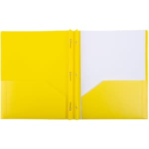A yellow plastic pocket folder with three holes and two inner pockets. Includes a white section for documents.