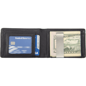 A black leather wallet featuring a cash clip, card slots, and a bill compartment with cash.