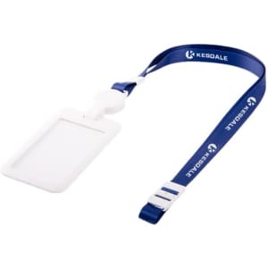 A white hard plastic badge holder with a blue lanyard, featuring a logo and a clip for attaching.