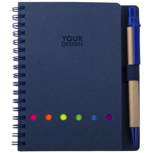 A navy spiral lined notepad with a pen, featuring colourful dots and a logo.