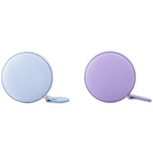 A round measuring tape in light blue and lavender, featuring a keyring attachment and a logo.