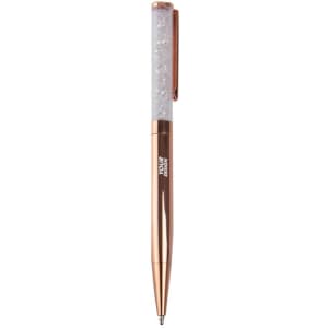 A metal ballpoint pen with a rose gold finish and a translucent crystalline top filled with glittering beads.