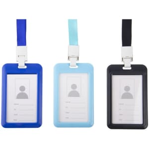 Three portable plastic ID card holders in blue, light blue, and black, each with a lanyard and a space for a badge.