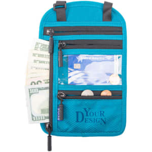 A teal RFID blocking neck passport holder with zipped pockets, containing cash and cards, and featuring a logo.