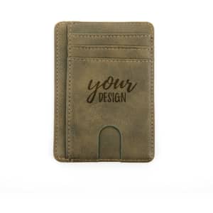 A green PU leather card holder featuring multiple card slots and a branding logo.