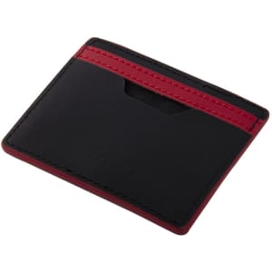 A leather ID card case featuring a black exterior with red accents and a logo.