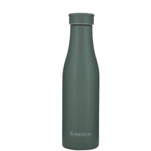 A drink bottle made of double-walled stainless steel in a matte green finish, featuring a logo.