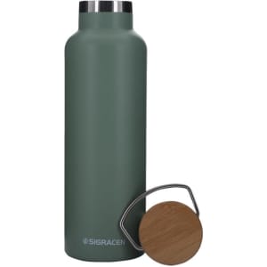 A drink bottle with a matte green finish, stainless steel top, and a bamboo lid with a metal handle.
