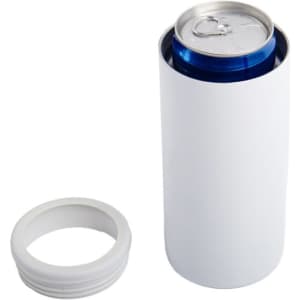 A drink can cooler in white stainless steel with a removable lid, designed for slim beer cans.