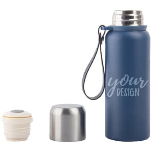 A drink bottle in navy blue, featuring a double wall stainless steel design and two interchangeable caps.