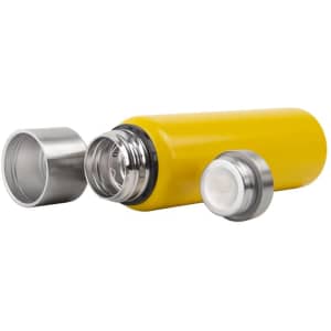 A drink bottle with a double wall vacuum insulation in bright yellow, featuring a stainless steel lid and an interior.