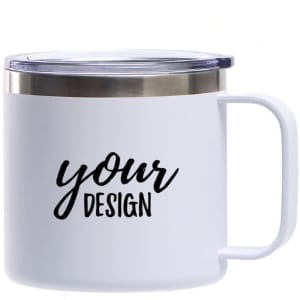 A white stainless steel insulated coffee mug with a clear lid and a handle, features a design space.