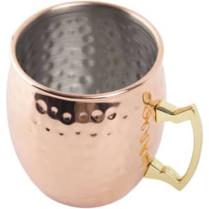 A copper mule mug with a hammered finish and a gold-tone handle, featuring a shiny interior.