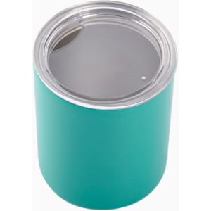 A drink bottle with a teal exterior and a clear lid, featuring a logo. It is an insulated tumbler design.