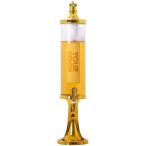A drink tower with a gold base and a clear cylinder filled with light amber liquid. It features a logo.