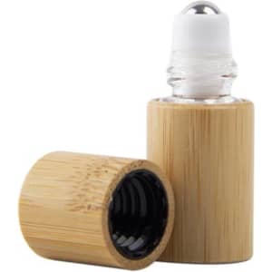 A 3ml glass roll-on bottle featuring a natural bamboo shell with a clear glass top and a metal roller ball.