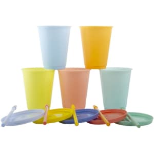 A set of six 16 oz. plastic cups in pastel colours, each with a matching lid and straw.