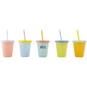 A set of five plastic cups in pastel colours, each with a matching straw and lid, featuring a logo.