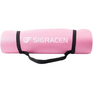 A pink portable non-slip yoga mat with a black carry strap and a branding logo.