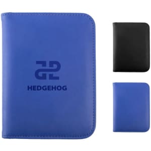 A blue leather notebook with a calculator, accompanied by a black leather notebook, both featuring a logo.