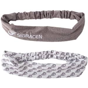 A grey and white non-slip sports headband set featuring a logo, designed for athletic wear.