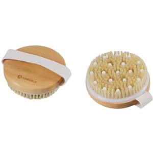 A custom body brush in natural wood with a white strap, featuring soft bristles and massage nodes.