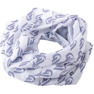 A lightweight white bandana with a repeating grey logo pattern, shaped into a loop.