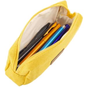 A yellow cotton linen pencil case filled with various pens in blue, orange, and purple. It has a zipper and interior lining.