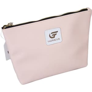 A small peach PU leather cosmetic bag with a zipper and a logo on the front.