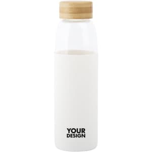 A drink bottle featuring a transparent body with a white silicone sleeve and a bamboo lid. Includes a logo placeholder.