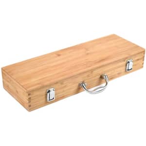 A bamboo storage case with a handle, designed to hold BBQ tools. The case features metallic clasps.