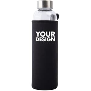 A drink bottle made of glass, featuring a black nylon sleeve and a metallic lid, includes a space for custom design.