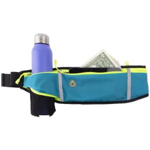 A waterproof sport belt bag in teal with reflective accents, featuring a drink bottle holder and pocket for cash.