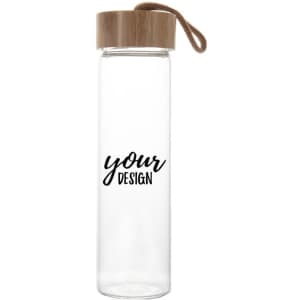 A drink bottle with a clear glass body and a bamboo lid, featuring a decorative design area and a woven strap.