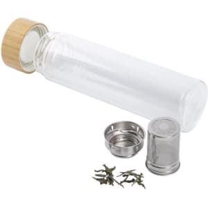 A drink bottle featuring a clear glass body, bamboo lid, and stainless steel tea infuser component.