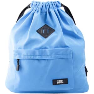 A blue nylon water-resistant drawstring backpack with a front pocket and a logo.