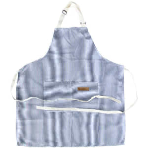 A striped blue and white apron featuring two pockets and a logo on the front.