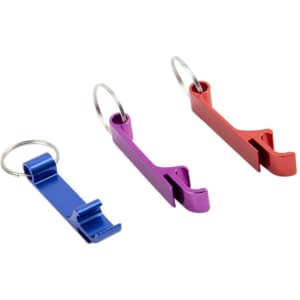 A drink bottle opener keychain featuring red, purple, and blue colours, with a keyring attachment and a logo.