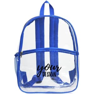 A clear backpack with blue straps, featuring a zippered front pocket and a mesh side pocket.