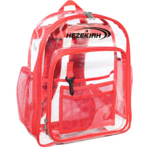 A transparent backpack in red with a front pocket and mesh side pockets, featuring a logo.