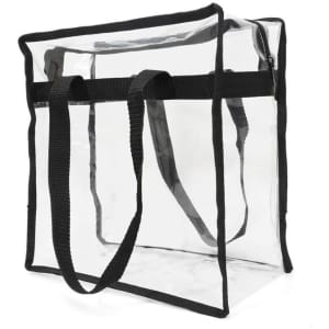 A clear zippered tote bag with black straps, featuring a simple, transparent design. It has a logo on the front.