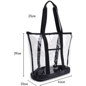 A large, clear zippered tote bag with black straps and a black base, measuring 43cm wide and 39cm tall.