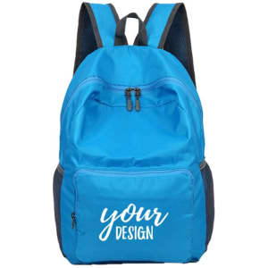 A lightweight, foldable waterproof travel backpack in blue with a front pocket and mesh side panels, featuring a logo.