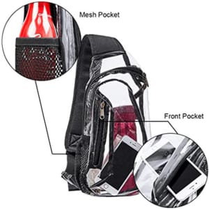 A clear stadium-approved sling bag with a mesh pocket, front pocket, and visible contents like a drink bottle and mobile phones.