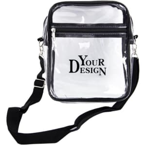 A clear messenger bag with black trim and a front zip pocket, featuring a branded logo.