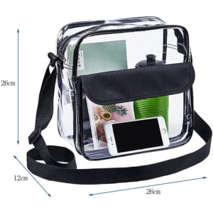 A clear crossbody messenger shoulder bag featuring a black strap, with a drink bottle, phone, and documents inside.