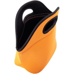 An orange neoprene lunch bag with a black trim and dual handles for easy carrying.